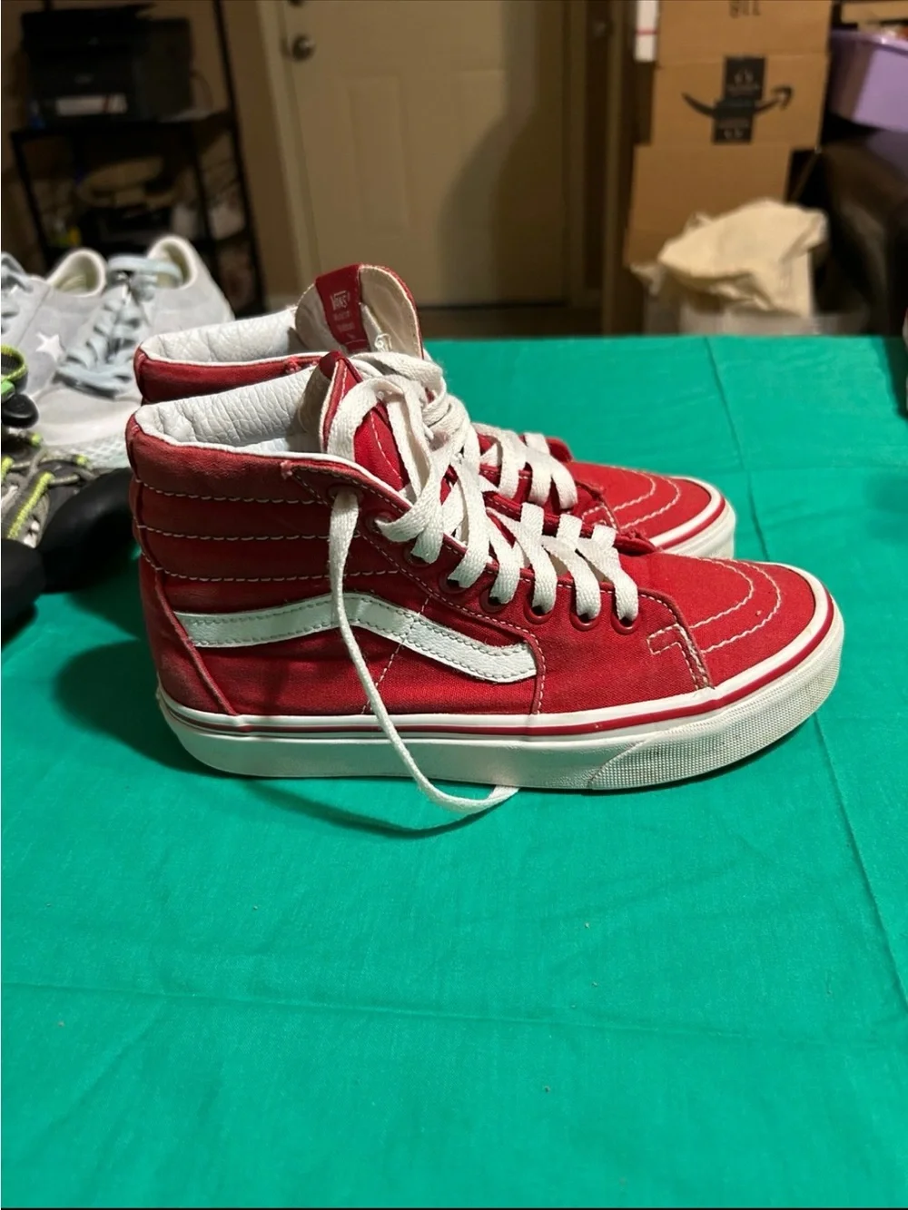 Vans Kids Red and White High Top Skate Sneakers